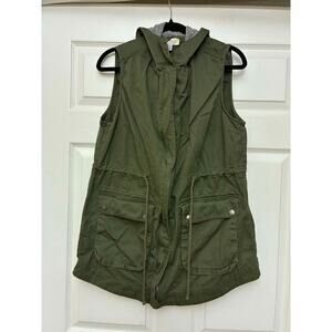 Soulmates Womens XL Olive Green Hooded Utility Vest Cargo Pockets Drawstring